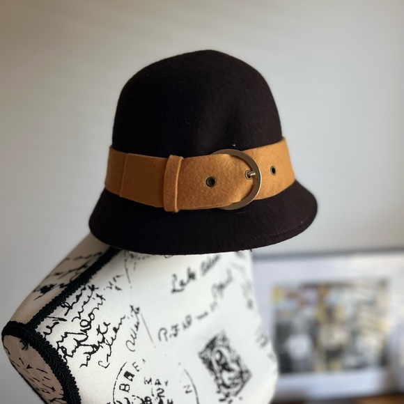Felt Cloche Hat, Dark Brown with Mustard accent - Picture 2 of 3